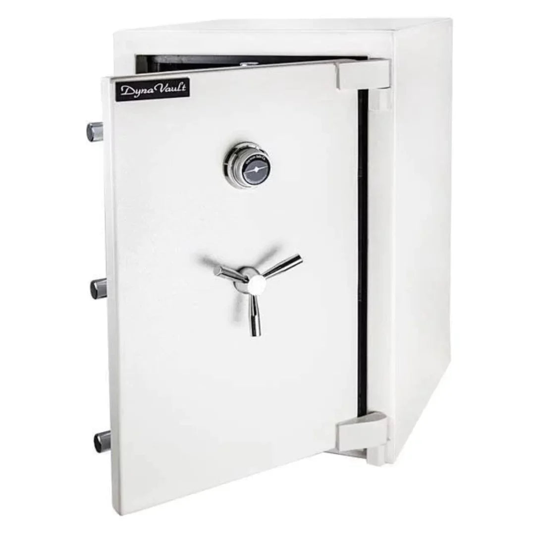 Hayman DV-3019 DynaVault Burglar Fire Safe with a dial lock and the door slightly opened