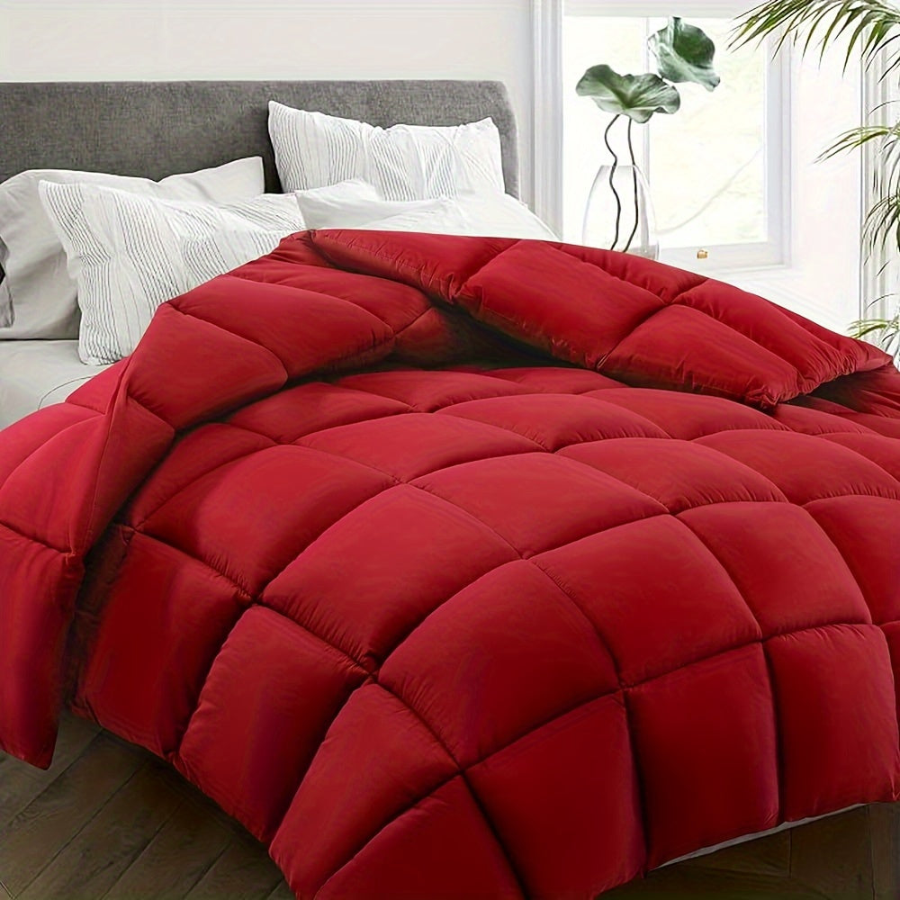 Red quilted comforter on a bed in a bedroom setting with pillows and a window.