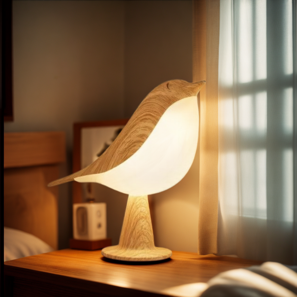 Bird-shaped lamp on a wooden surface with soft lighting