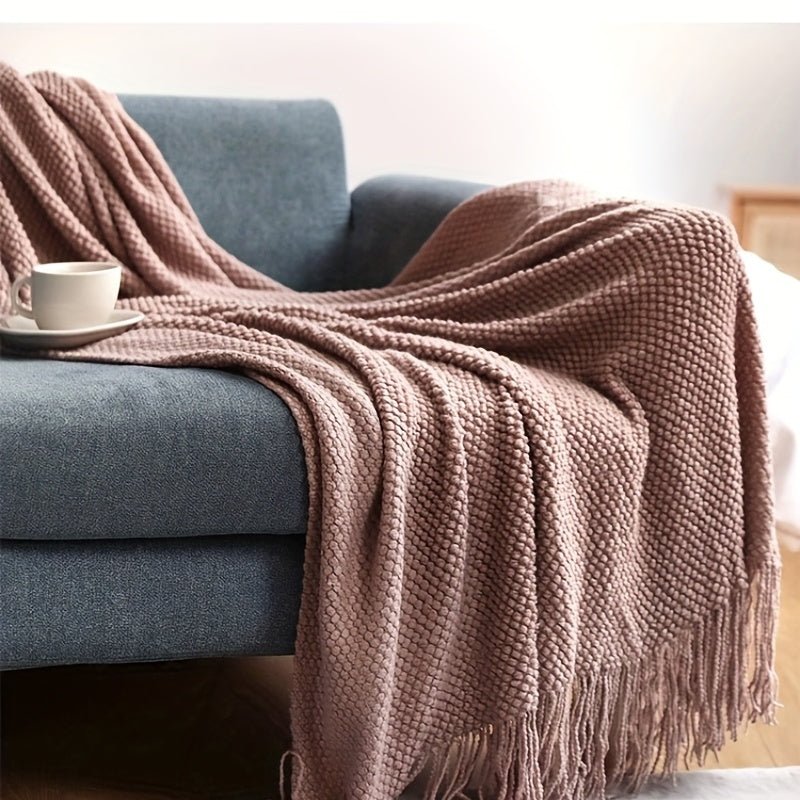 Knitted Throw Blanket with Tassels – Lightweight Bubble Texture Blanket for Sofa, Bed & Home Décor