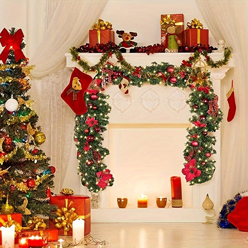 Decorative Christmas scene with a tree, fireplace, and mantel decorated with lights and ornaments.