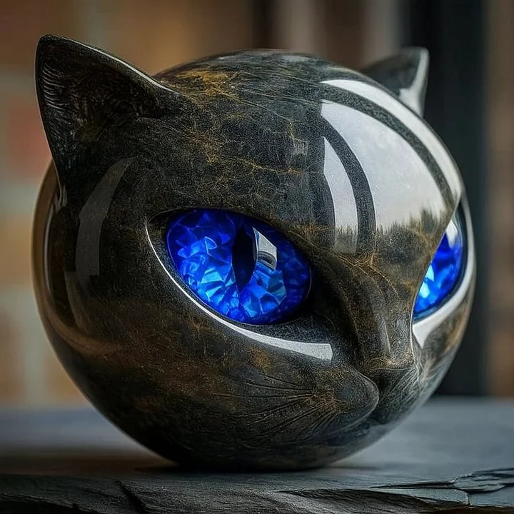 Cat-shaped object with blue eyes on a wooden surface