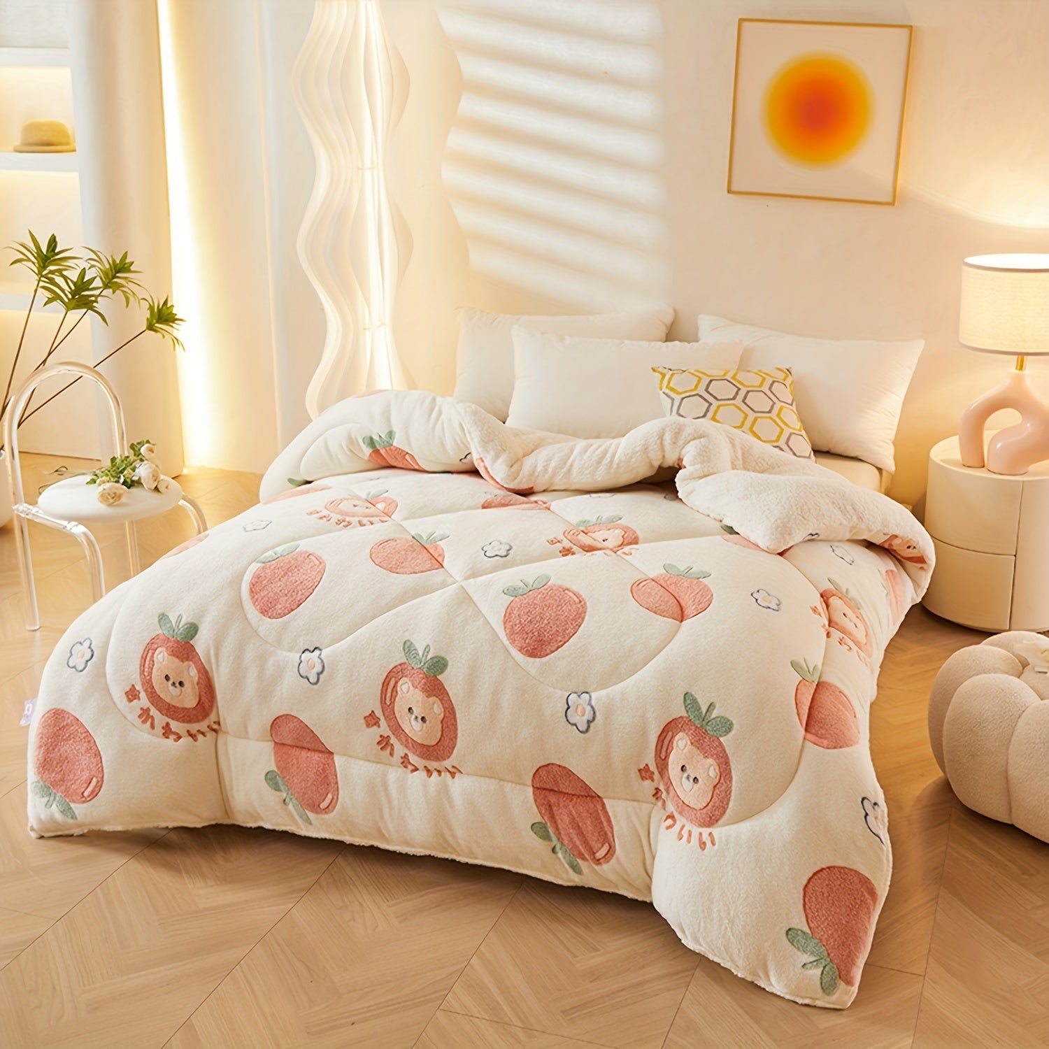 Children's room with a bed covered in a pink and white comforter with cartoon designs.