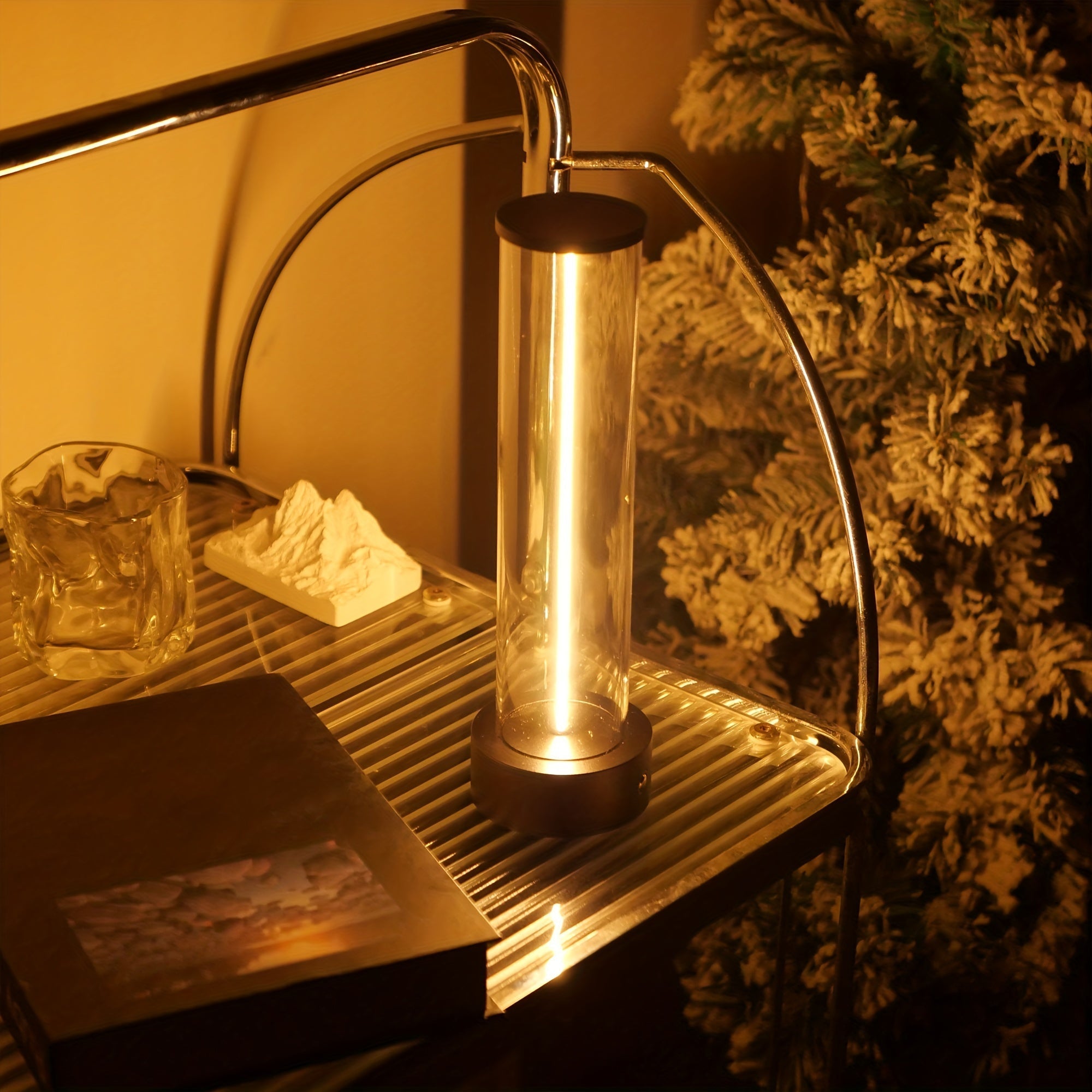Metallic lamp on a surface with a blurred background