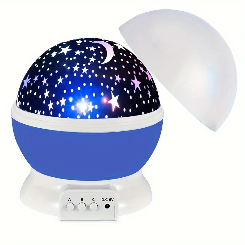 Starry night light projector with blue base and starry design on top, on a white background.