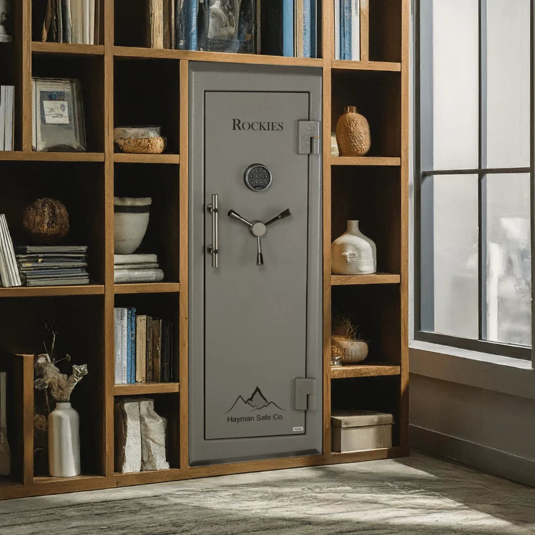 Hayman RK-5922 Rockies Gun Safe with door closed built into a display shelf