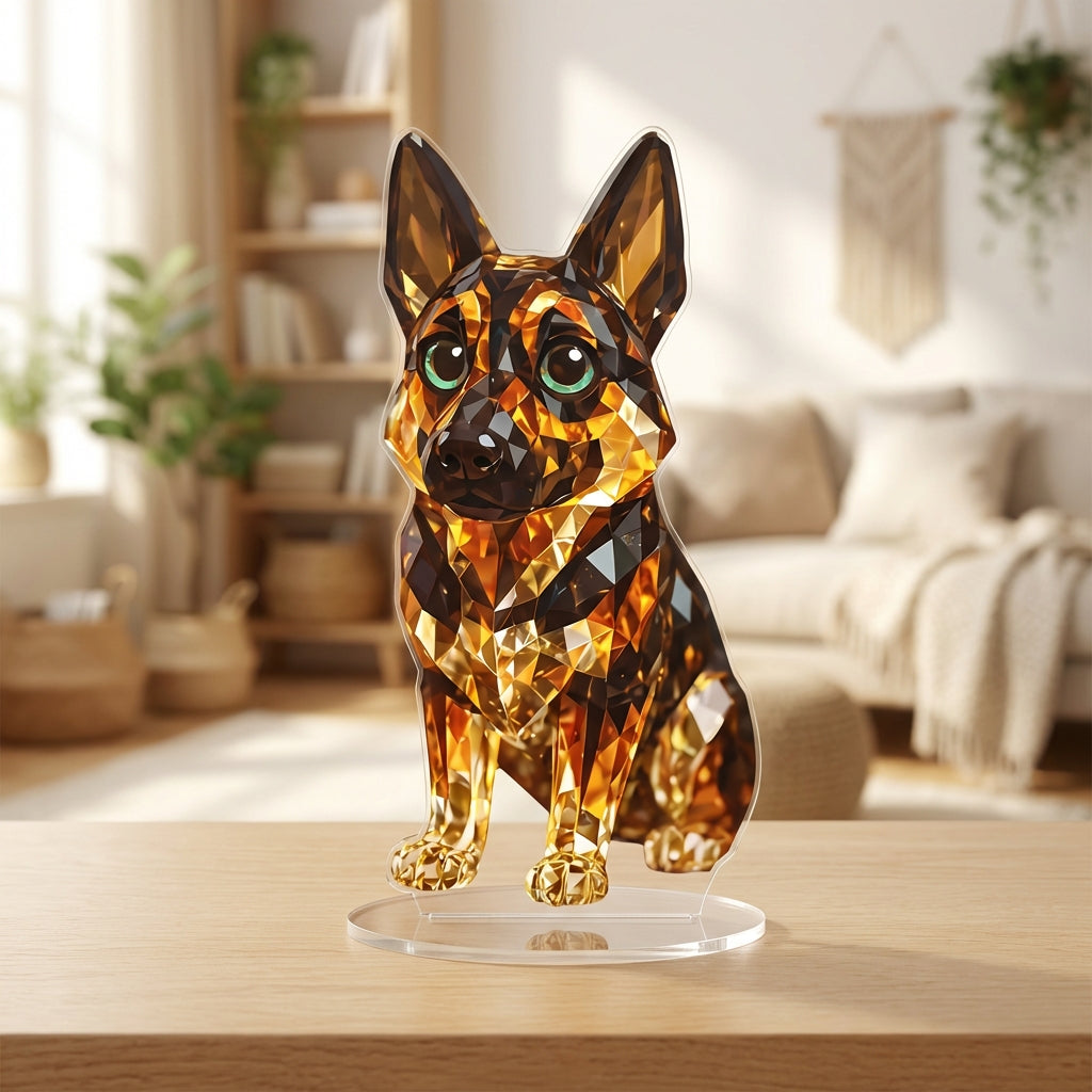 Crystal dog figurine on a wooden surface with a blurred living room background