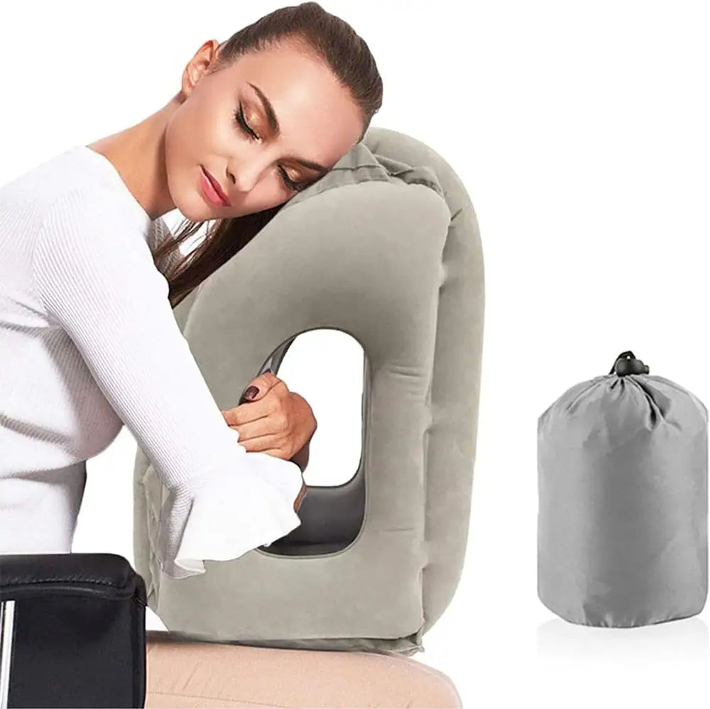 Woman using a travel neck pillow with a compact version on the side.