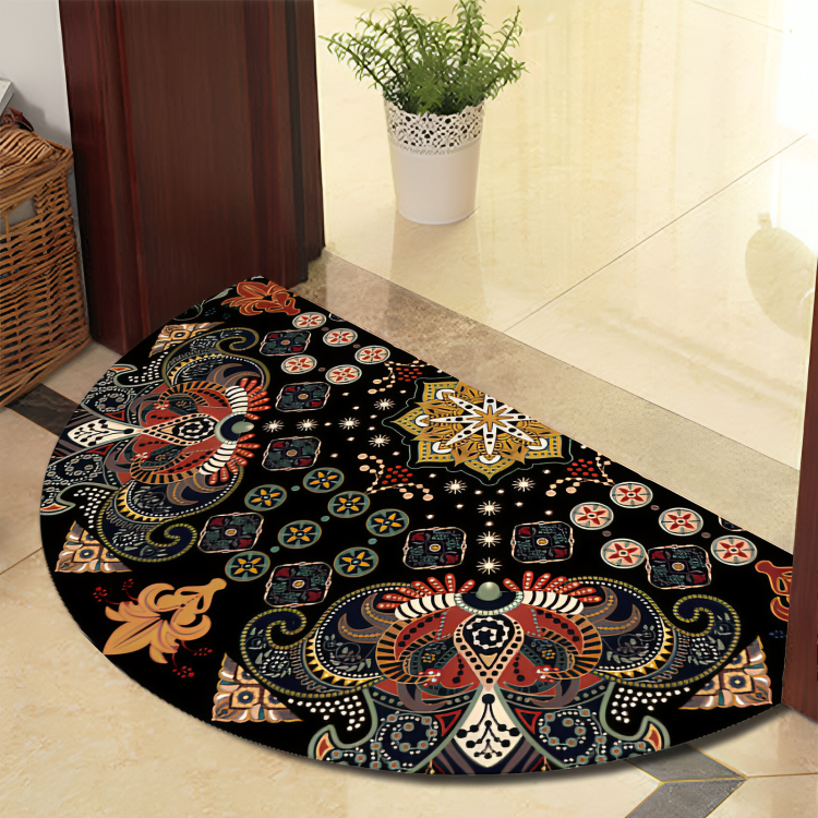 Round decorative rug with intricate patterns on a tiled floor.