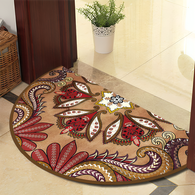 Decorative round rug with intricate patterns on a tiled floor.