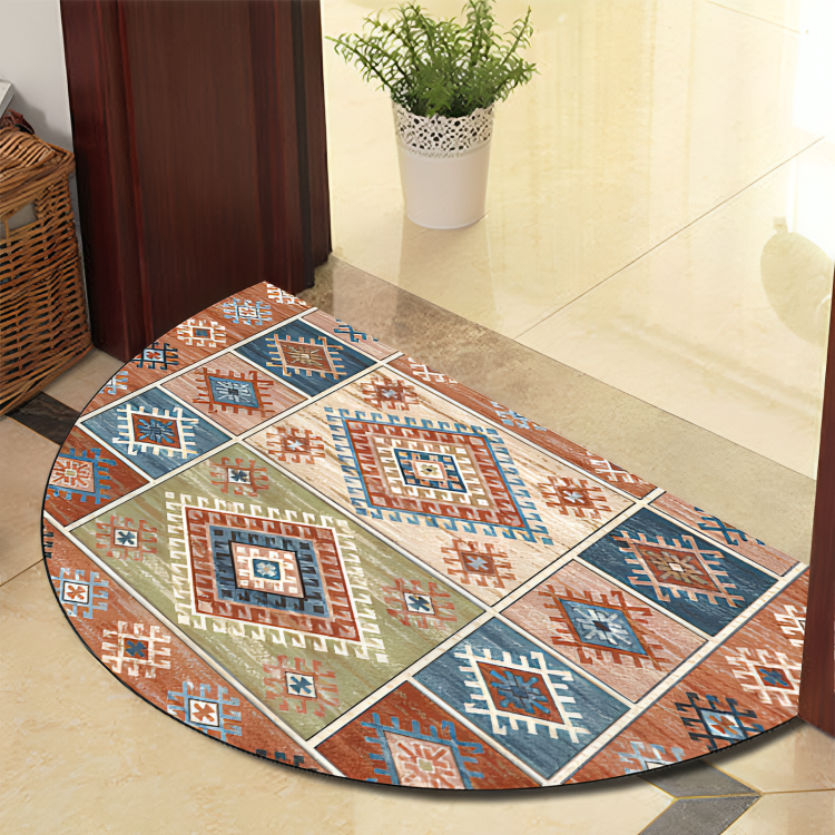 Round decorative rug with geometric pattern on a tiled floor