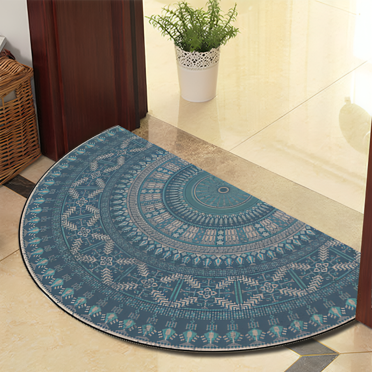 Blue patterned half-circle rug on a tiled floor with a plant and basket in the background.
