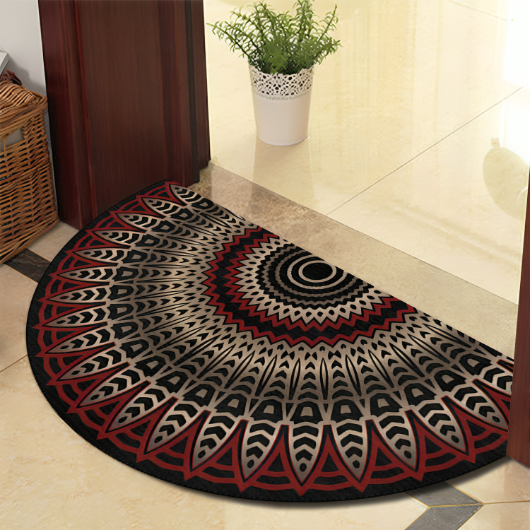 Geometric patterned half-circle rug on a tiled floor with a plant and basket in the background.