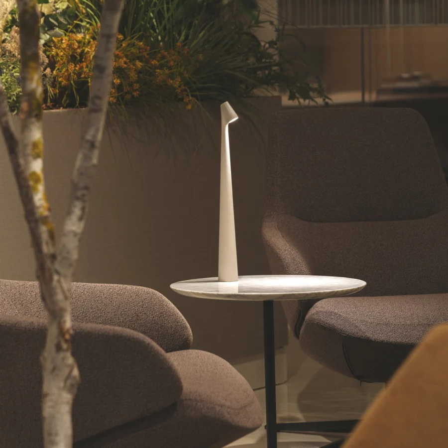 Modern indoor setting with a small round table and chairs, featuring a plant in the background.