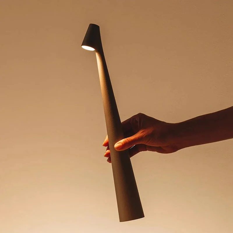 Hand holding a modern black lamp against a warm beige background