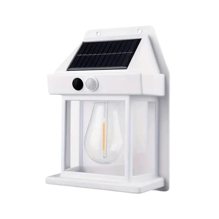 Solar-powered outdoor light fixture with motion sensor on a white background