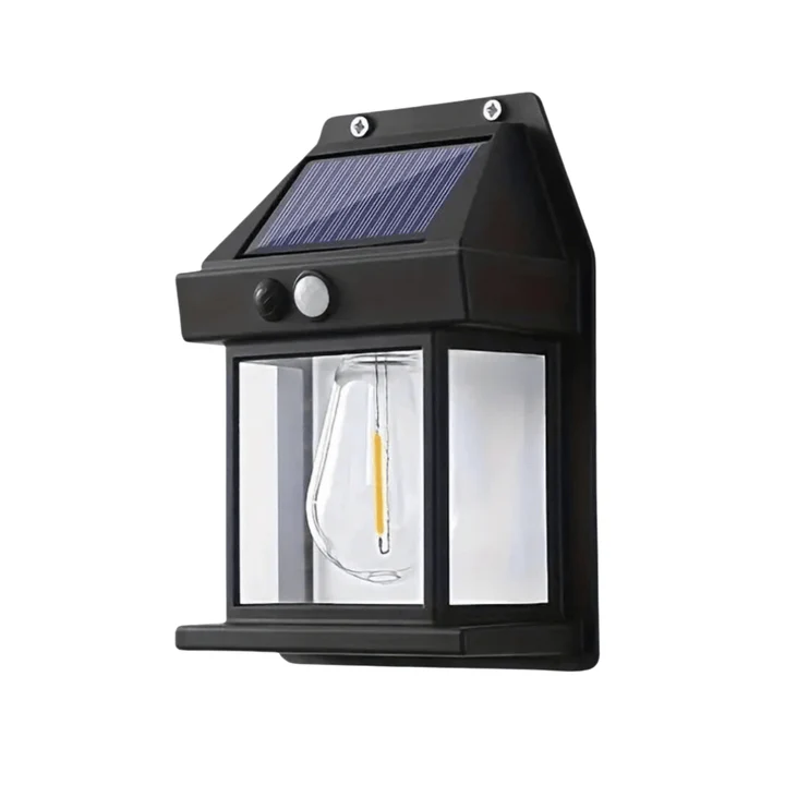 Solar-powered outdoor wall light with clear glass cover on a white background