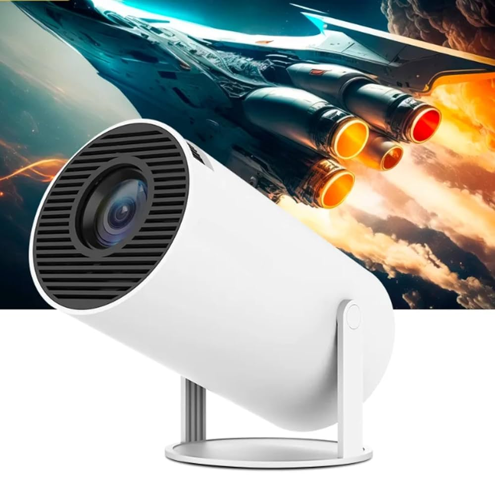 White projector with a space-themed background featuring a rocket ship.