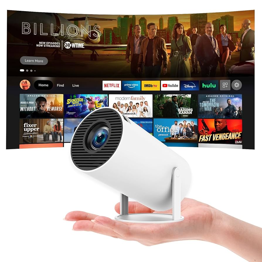 White projector held in a hand with a background of streaming platform interface