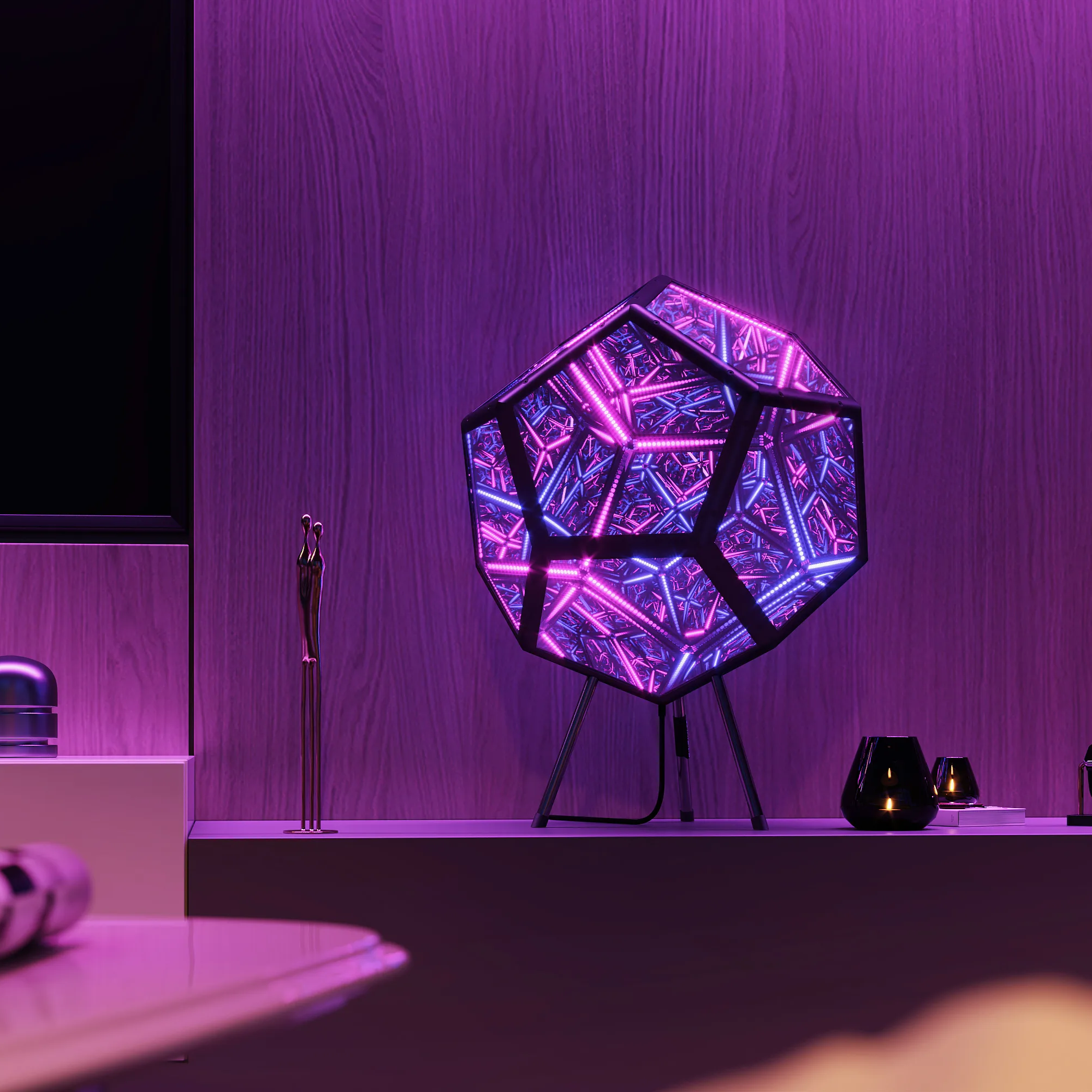 Geometric lamp with colorful design on a purple background