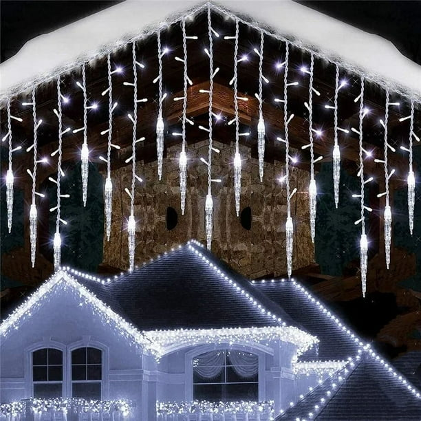 Icicle lights on a house roof during Christmas