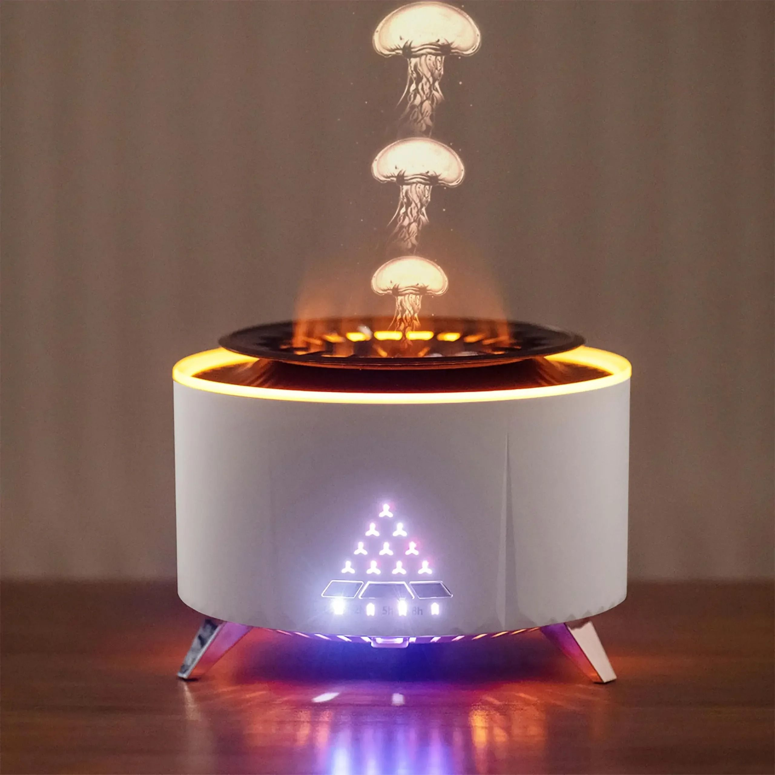Levitating jellyfish lamp with LED lights on a wooden surface