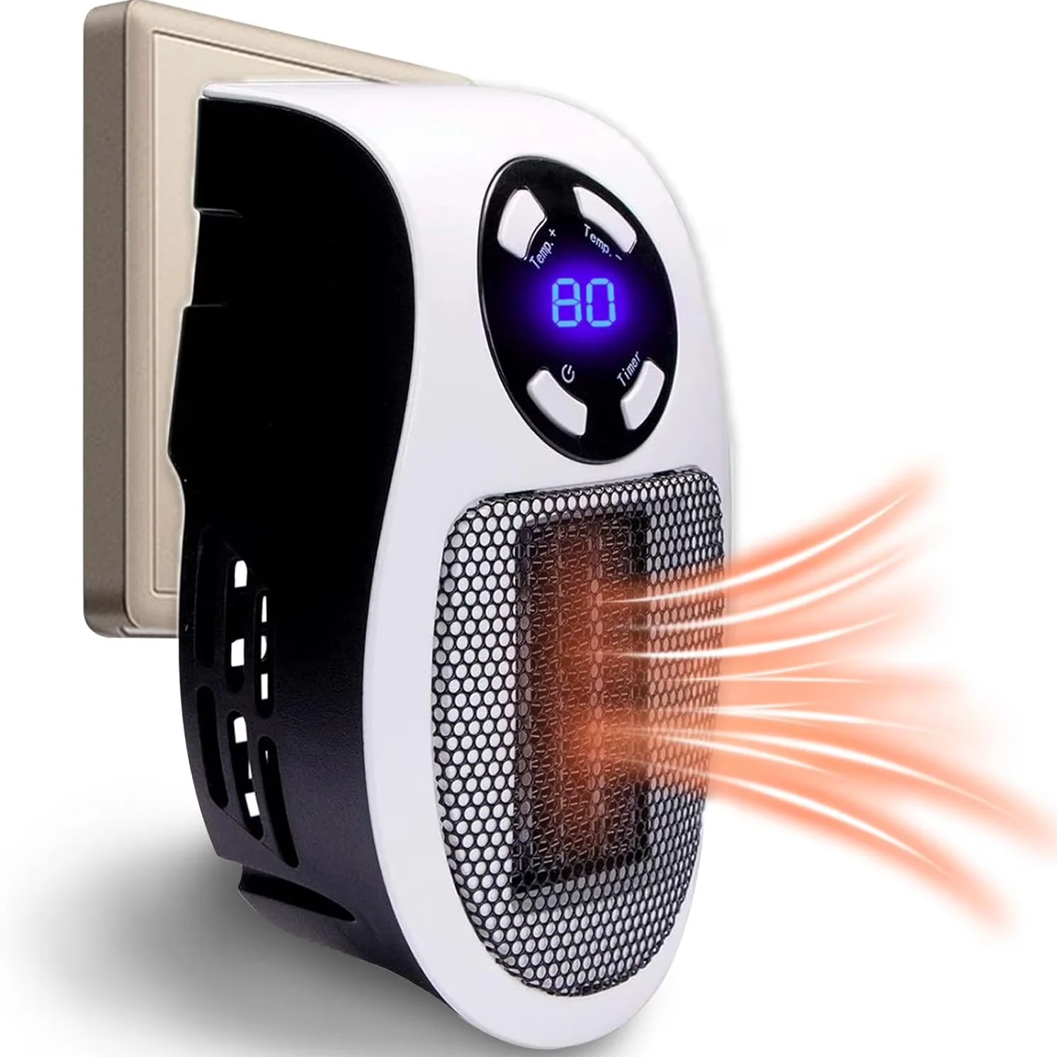 Small electric space heater with digital display on a white background