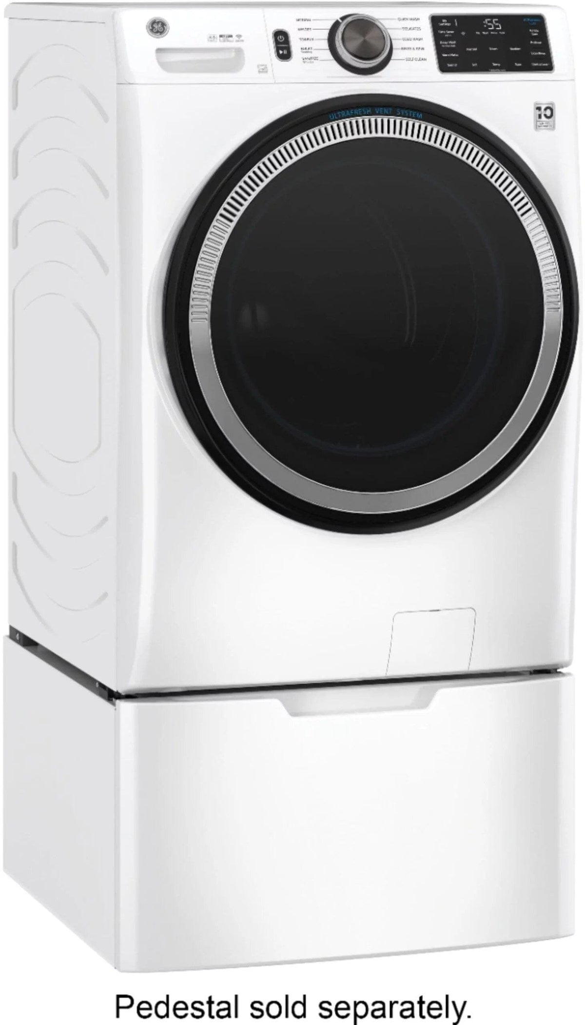 GE – 4.8 CuFt High-Efficiency Stackable Smart Front Load Washer w/UltraFresh Vent System & Microban Antimicrobial Technology – White on white