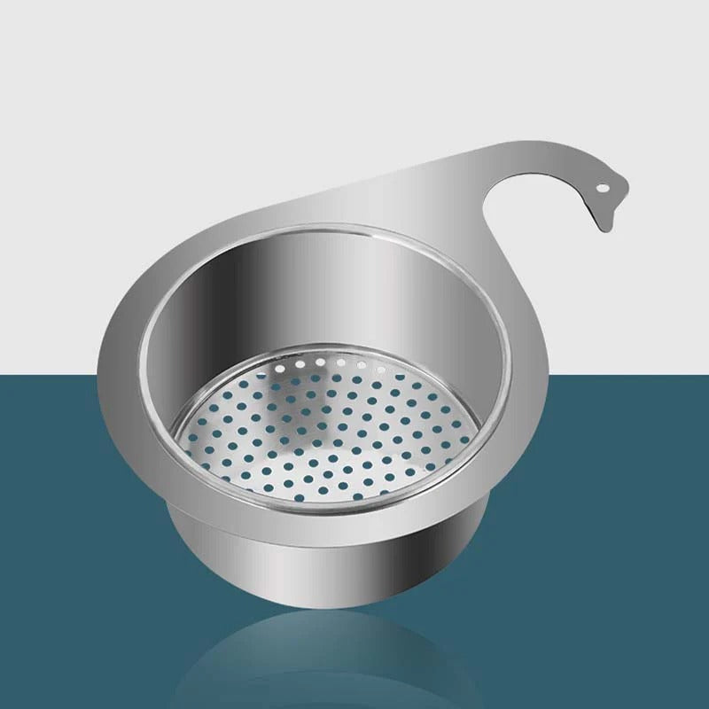 Stainless steel strainer with handle on a two-tone blue and gray background