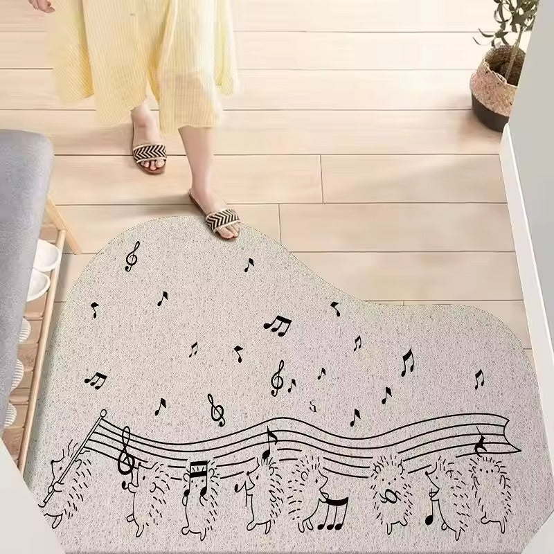 Decorative rug with musical note design on a wooden floor