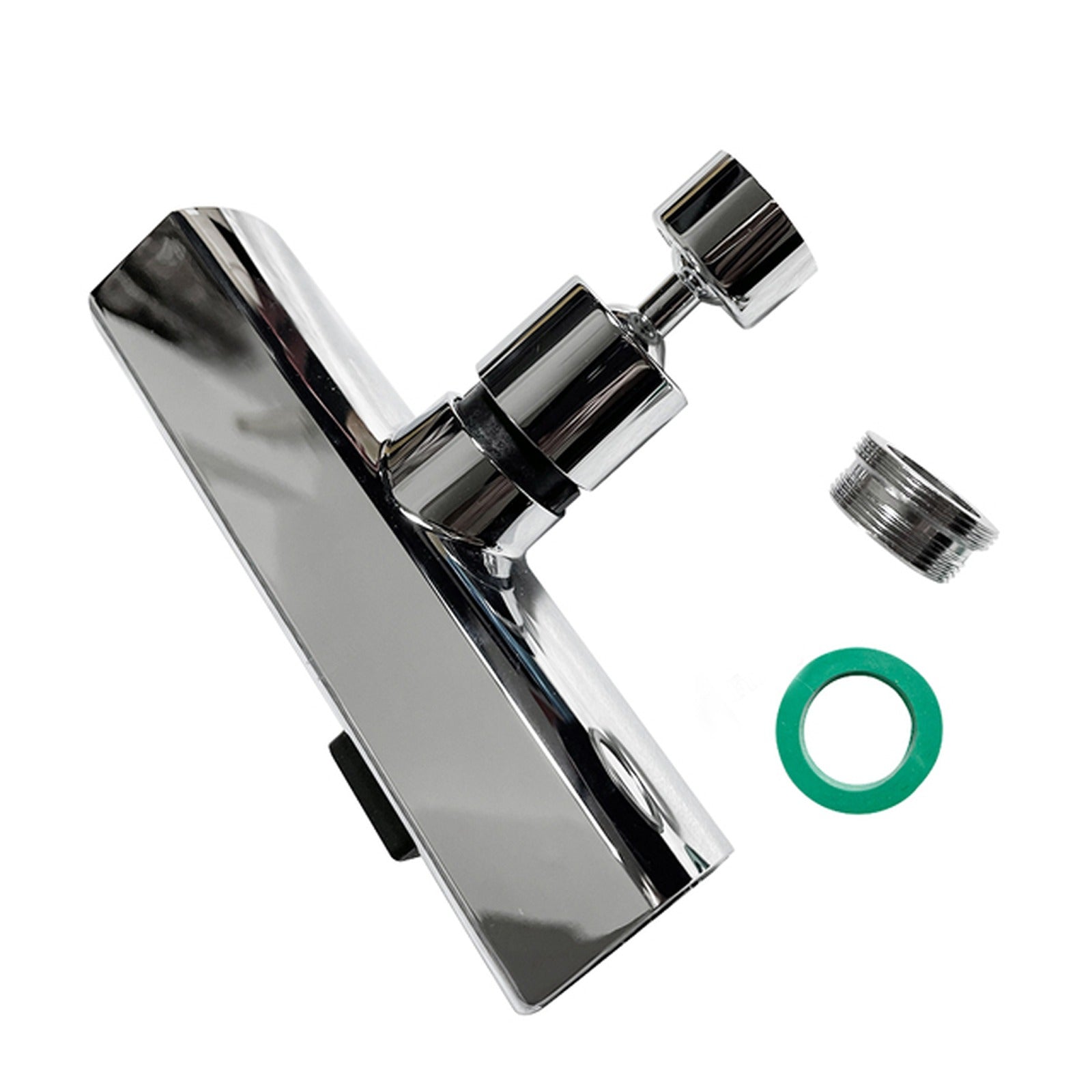 Chrome faucet with a green washer on a white background