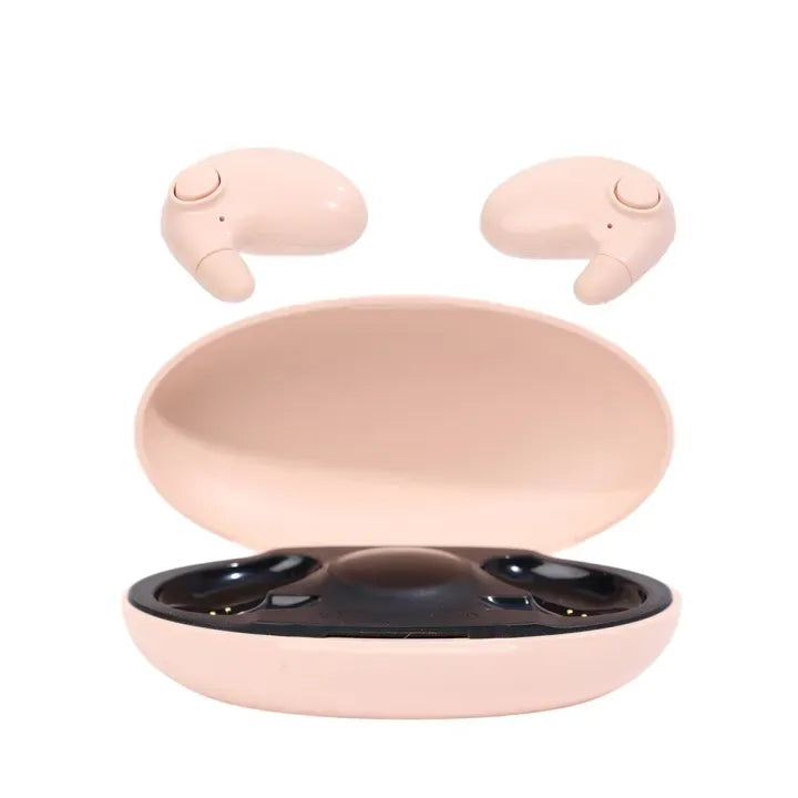 Pink wireless earbuds with charging case on a white background