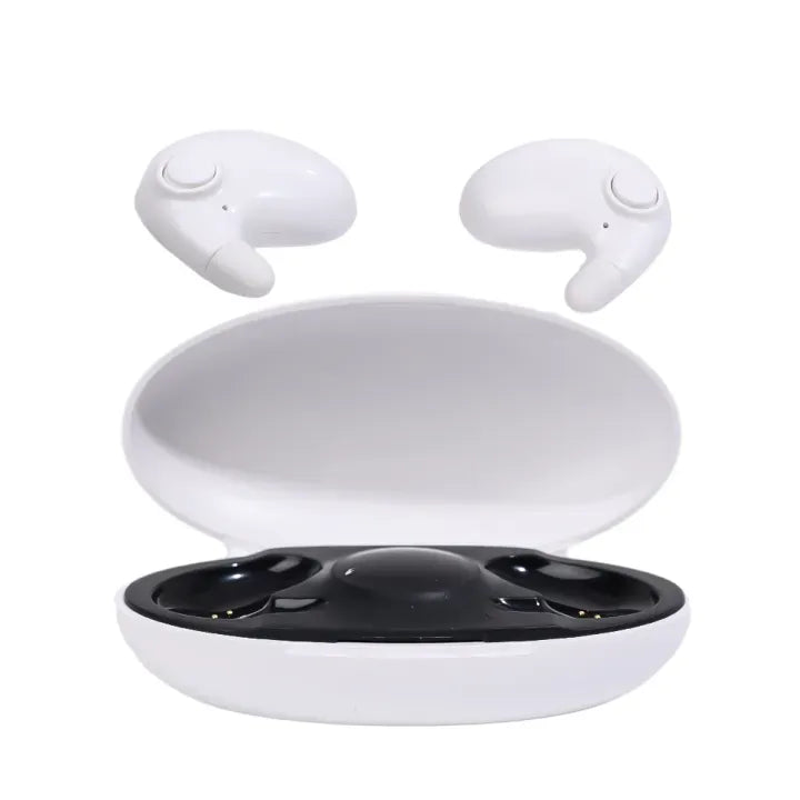 White wireless earbuds with charging case on a white background