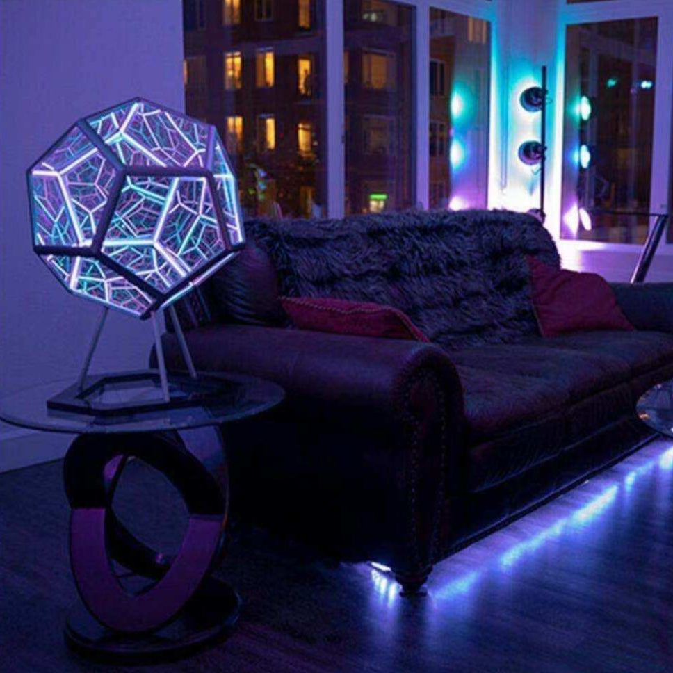 Modern living room with geometric LED lamp and dark sofa