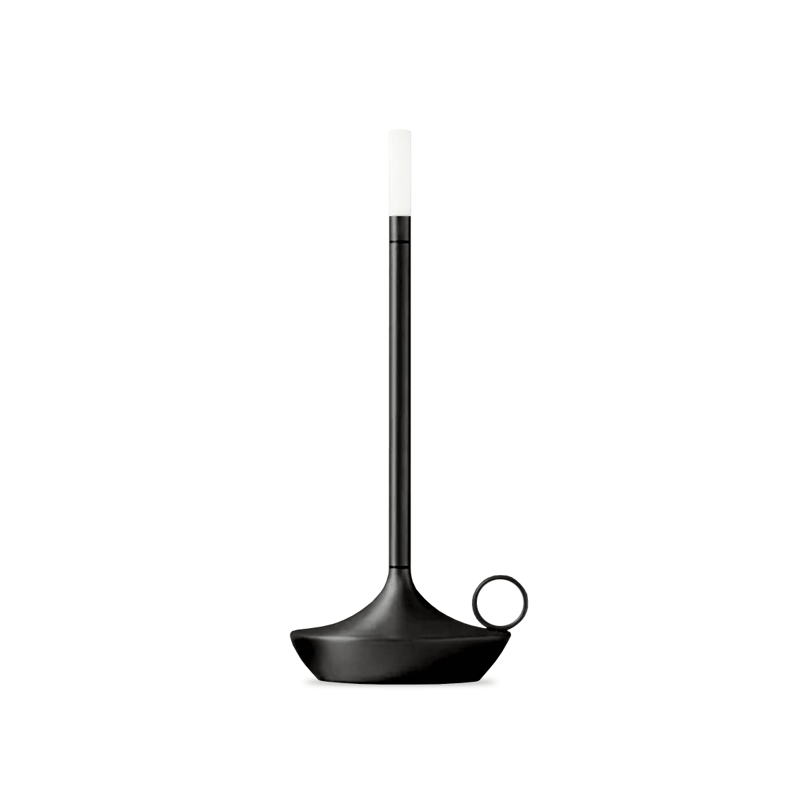 Black candle holder with a white candle on a white background