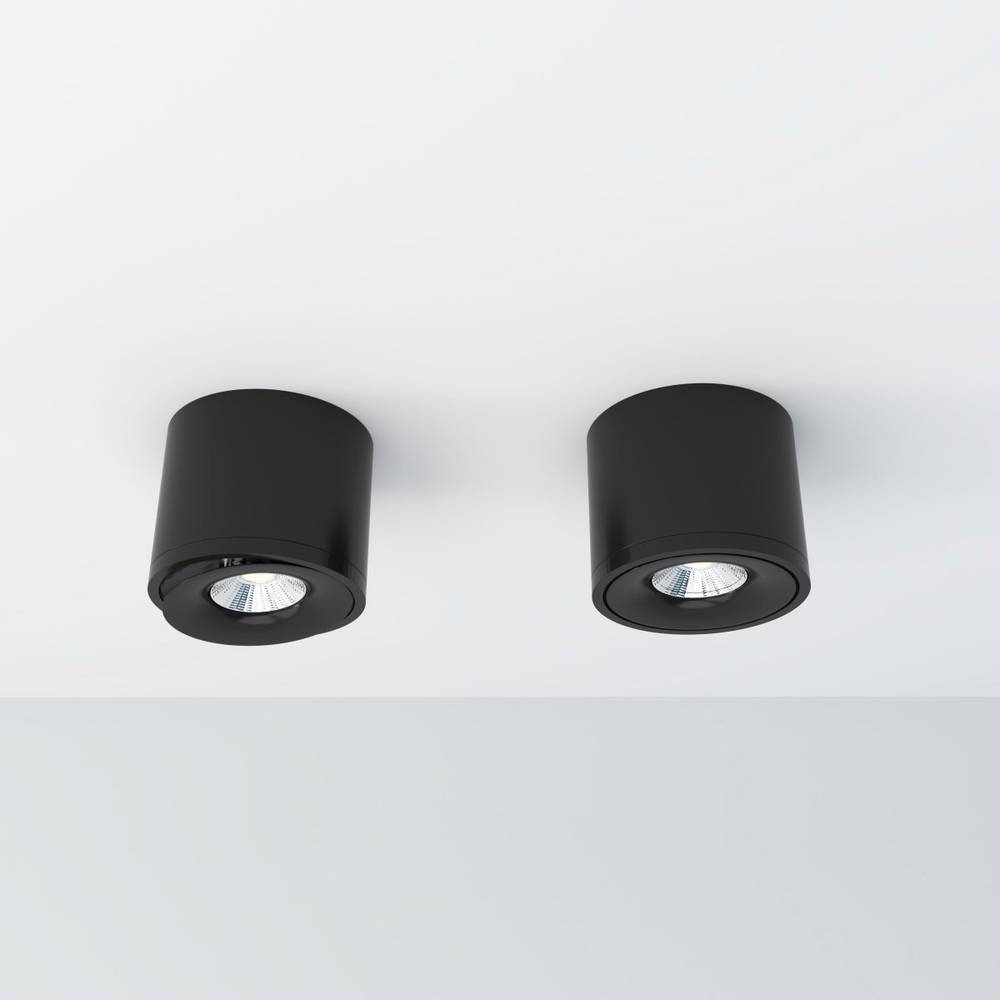 Two black cylindrical ceiling lights on a white background