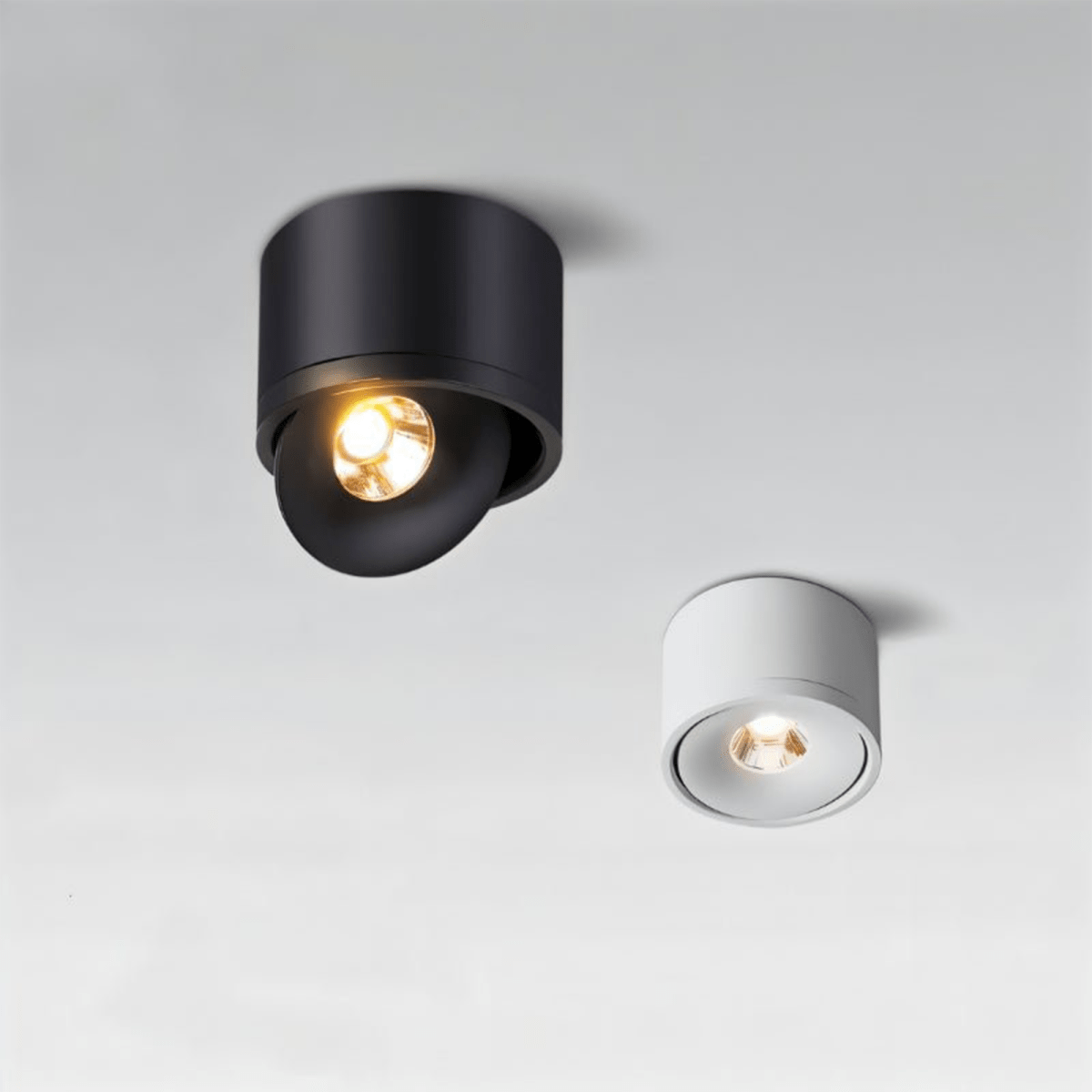 Two ceiling lights, one black and one white, on a light gray background.