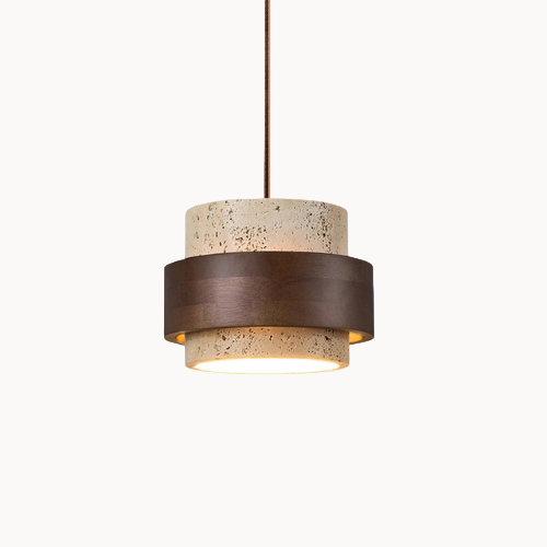 Pendant light with concrete and wood design on a beige background