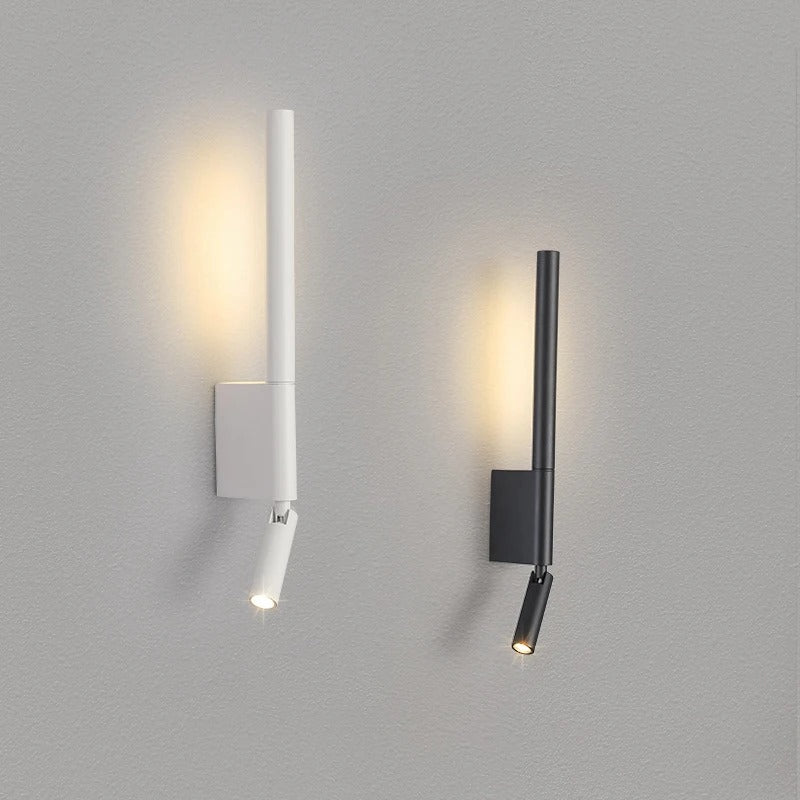 Two modern wall lights, one white and one black, on a gray background.