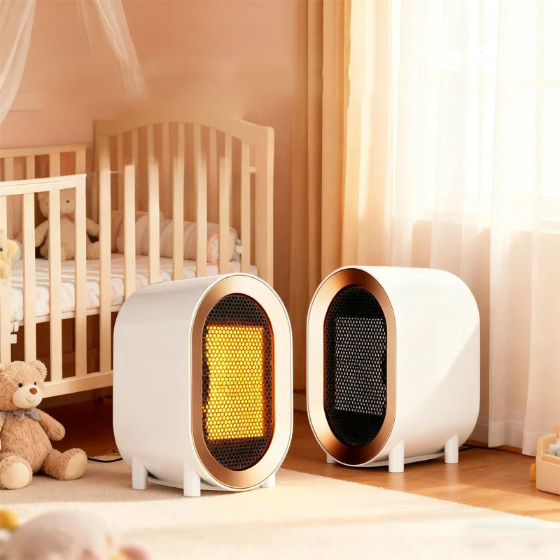 Two white cylindrical heaters with black grills in a nursery setting.