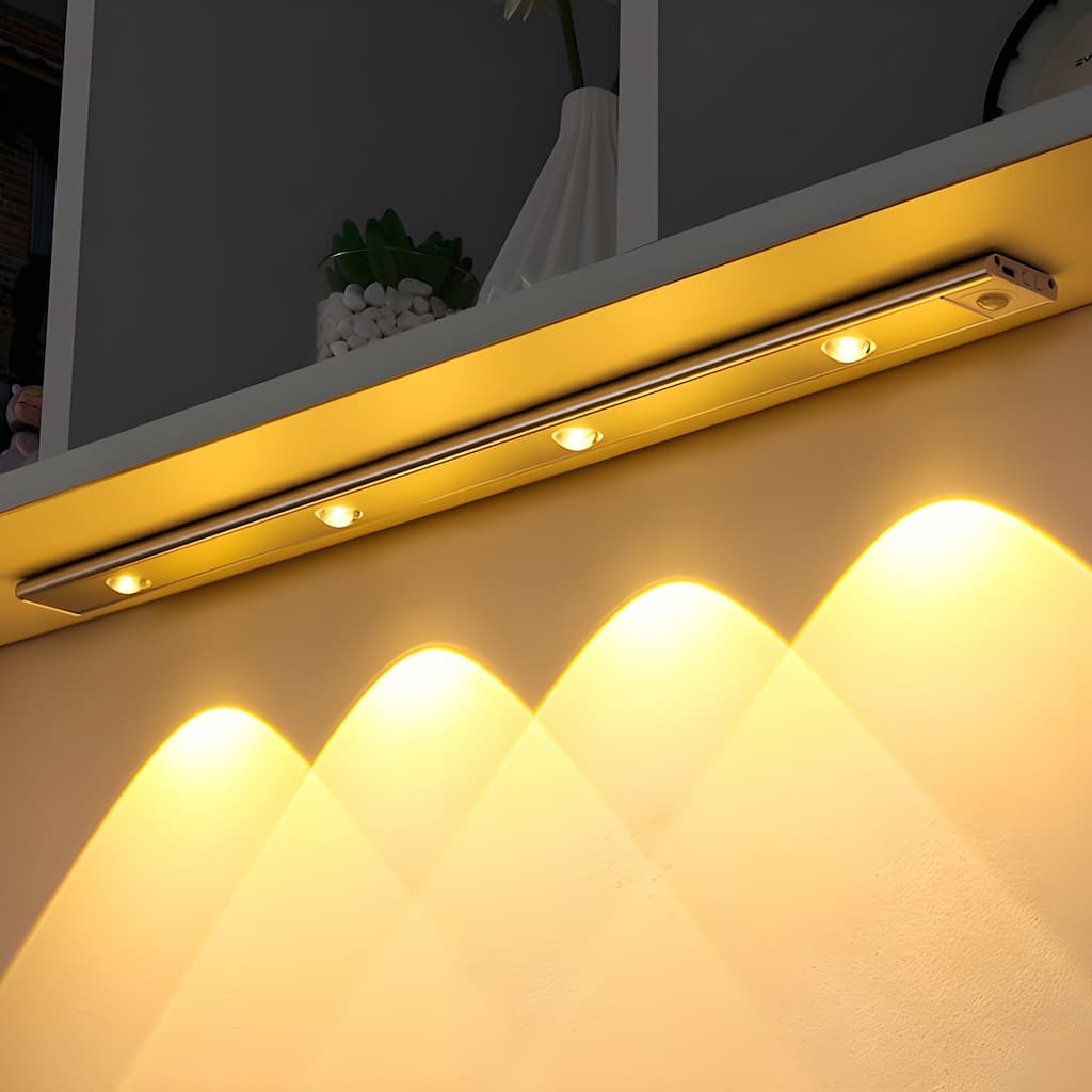 LED strip lights on a wall with a neutral background