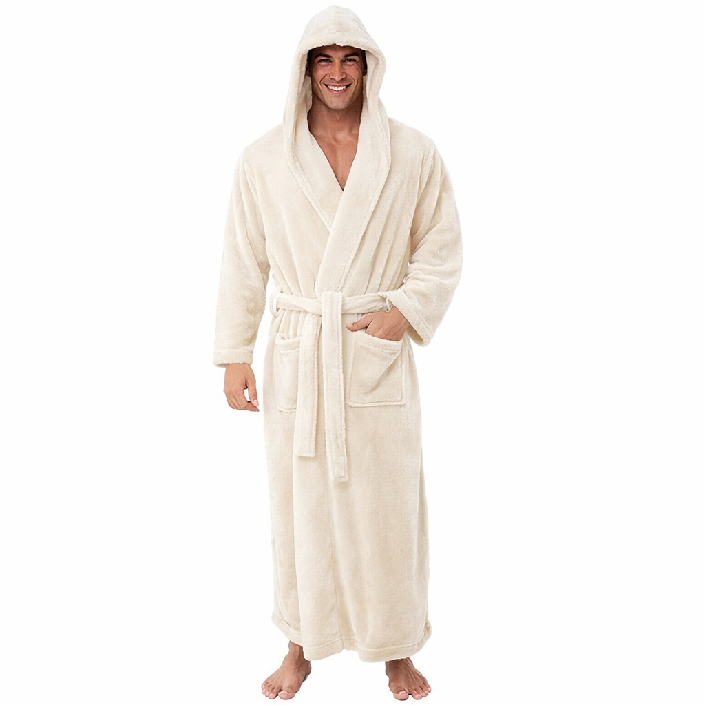 Man wearing a cream-colored robe on a white background