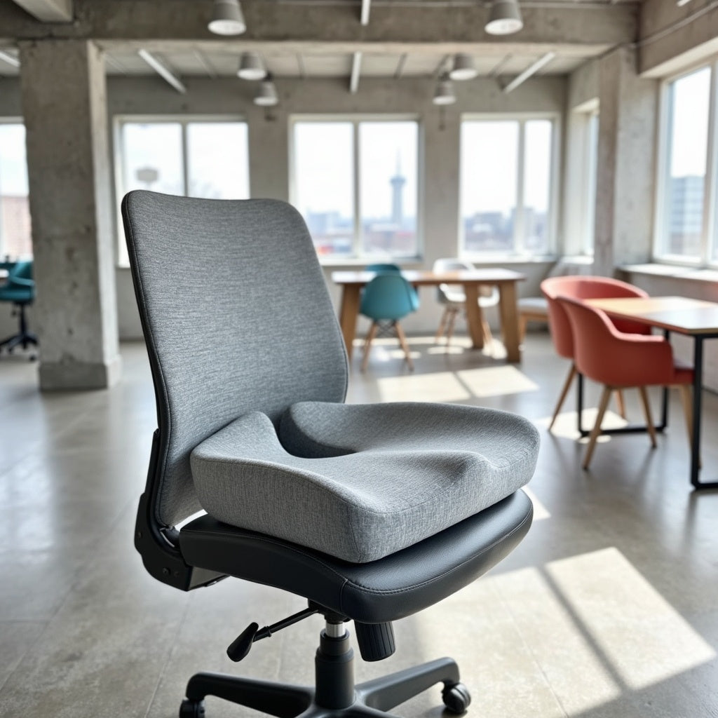 Gray office chair in a modern office setting with large windows.