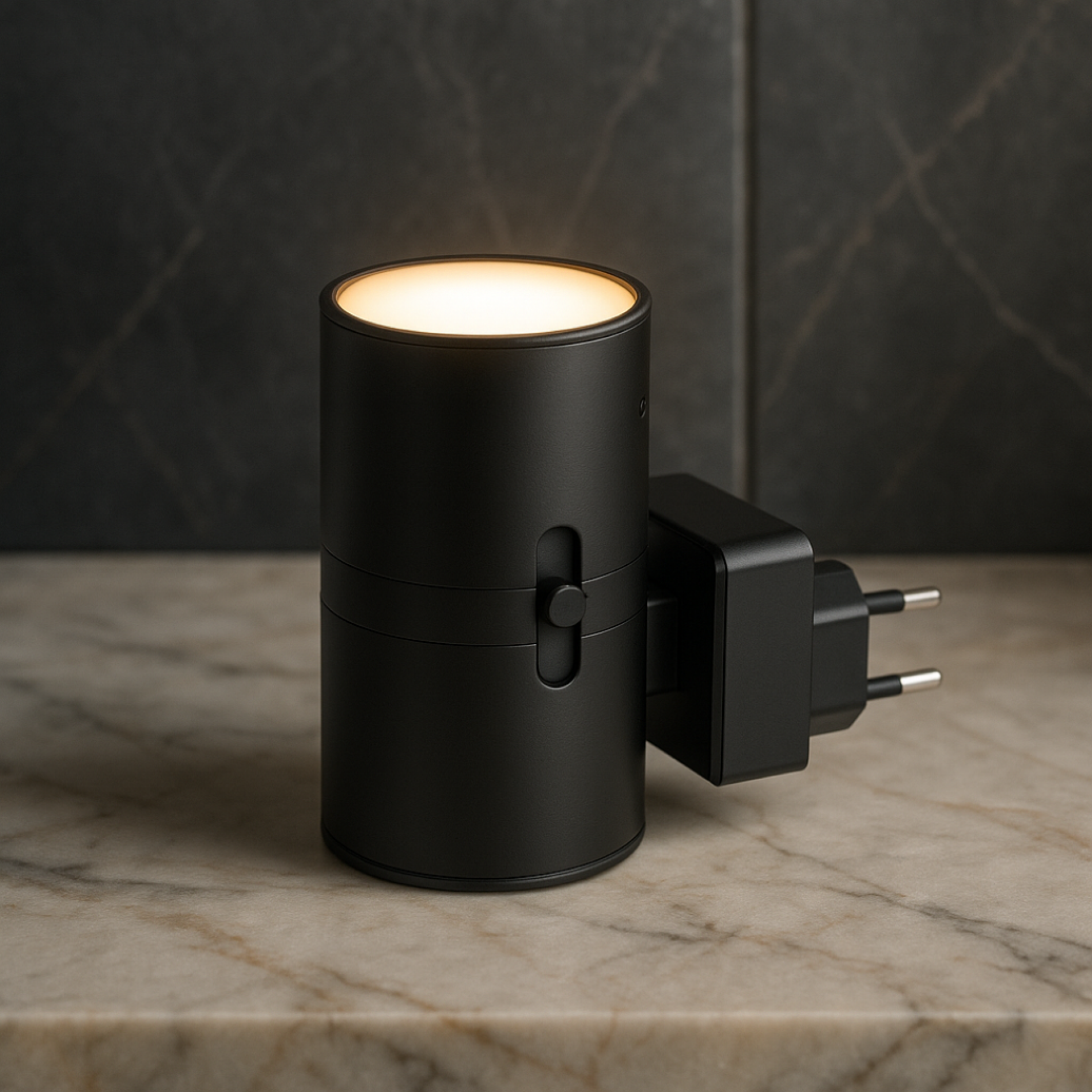 Black cylindrical light fixture with plug on a marble surface