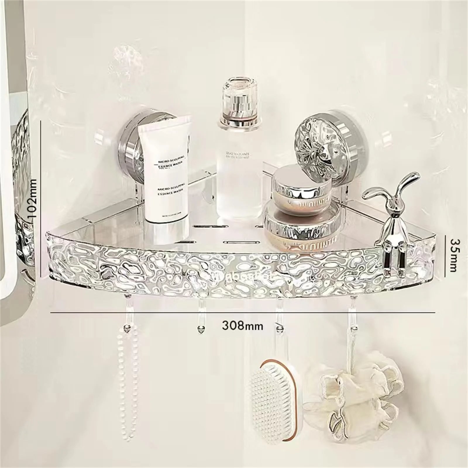 Decorative glass shelf with decorative items on a white background