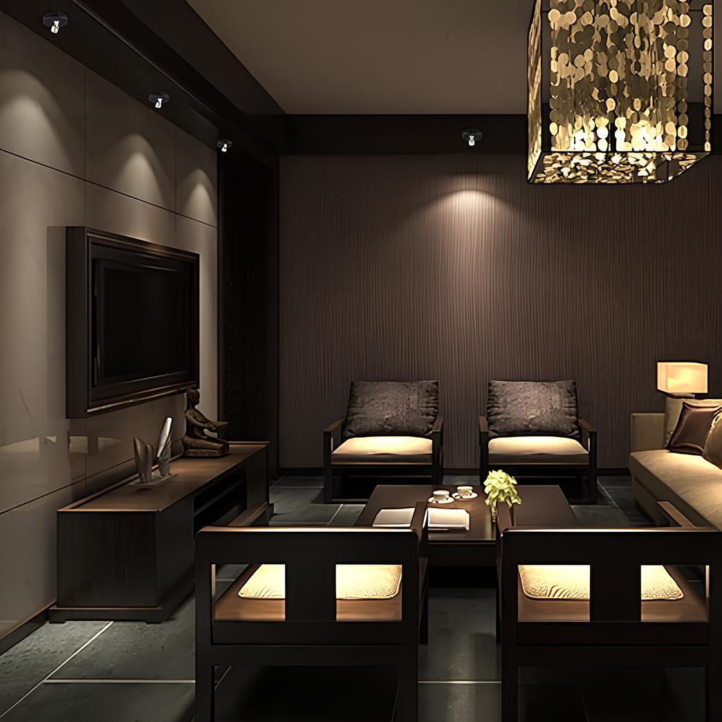 Modern living room with dark furniture and decorative lighting