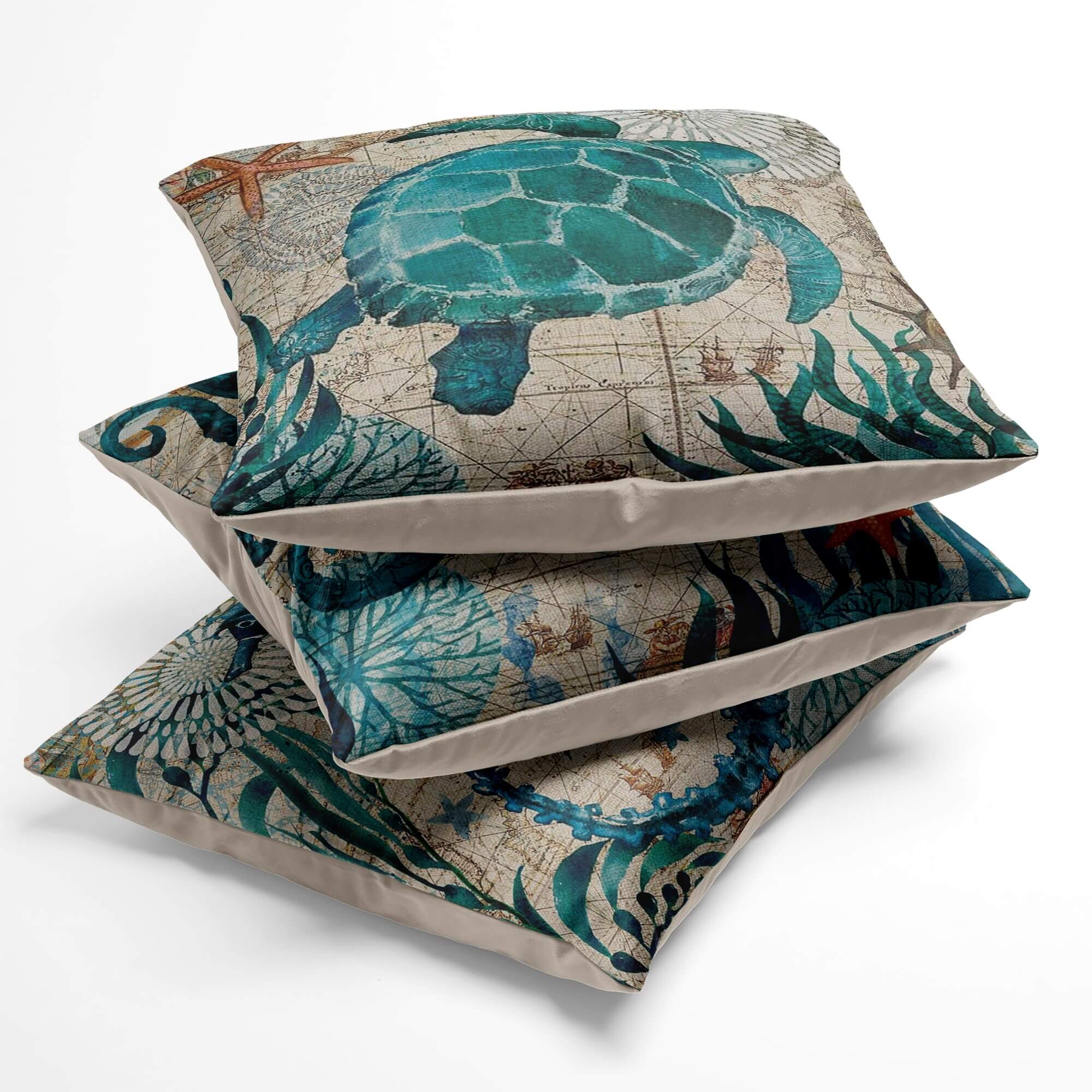 Decorative pillows with turtle design on a white background