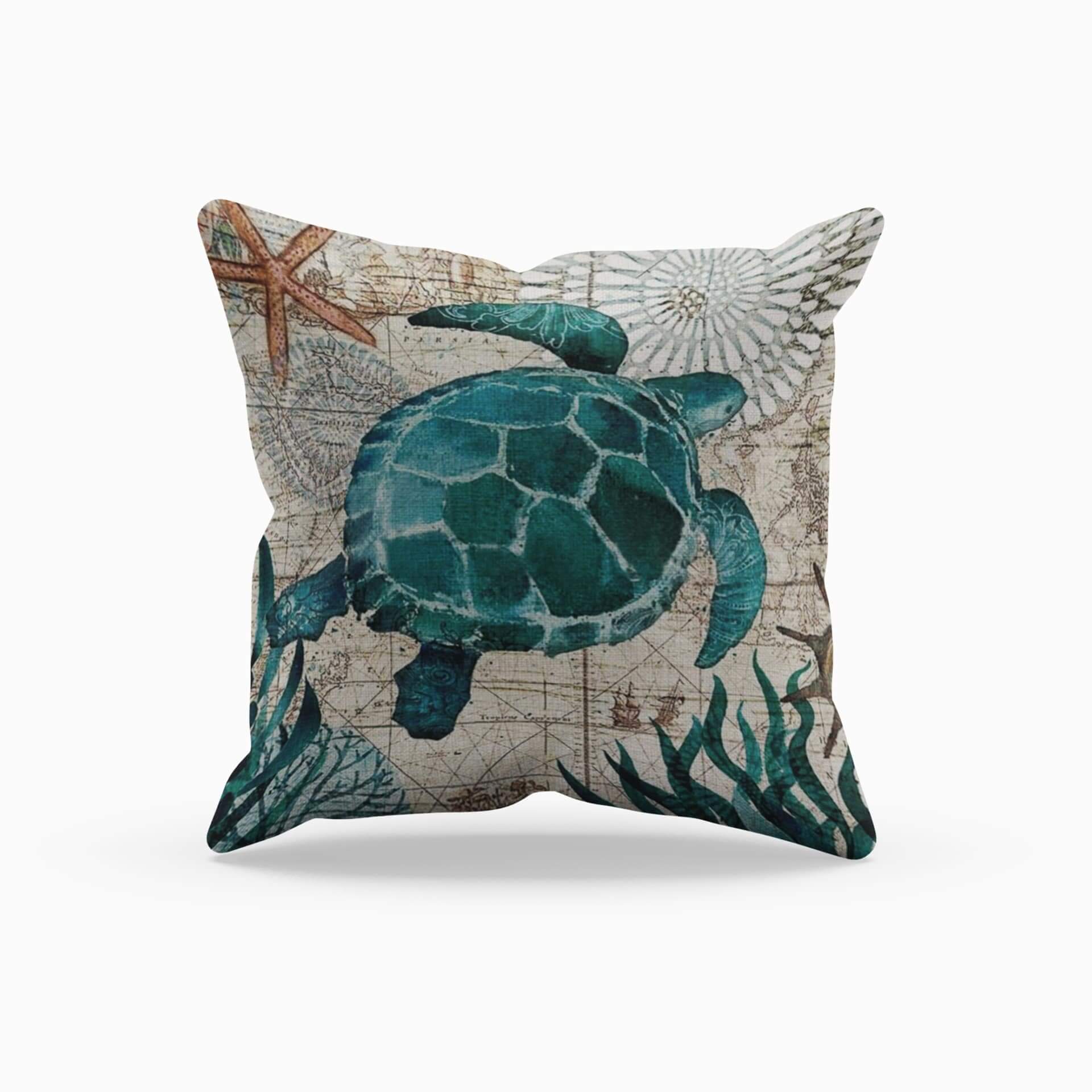 Decorative pillow with a turtle design on a map background