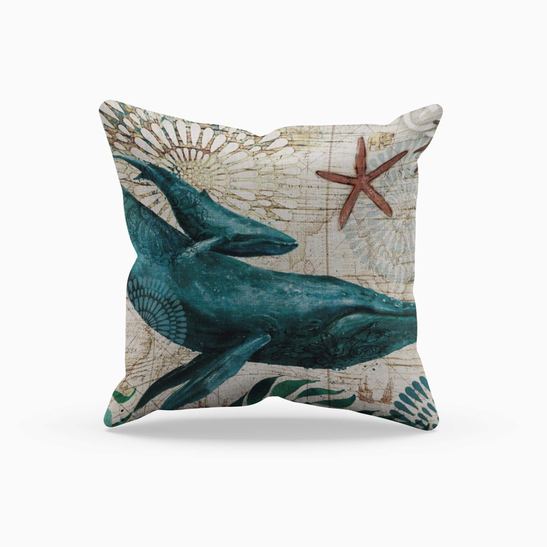 Decorative pillow with a dolphin design on a white background