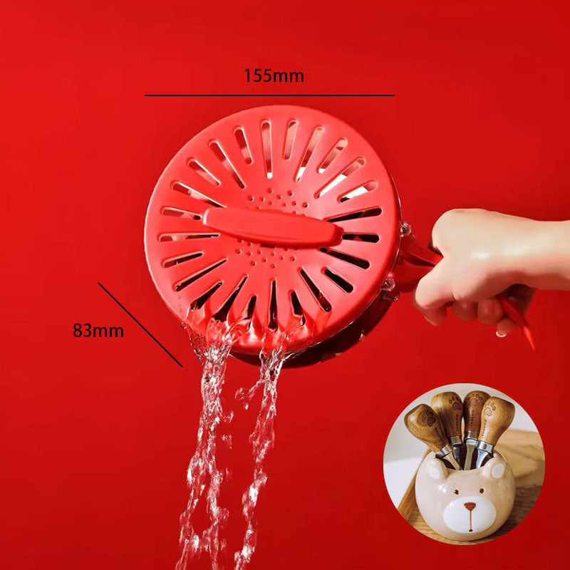 Red shower head with water flowing, measurements indicated, on a red background
